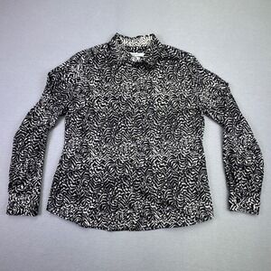 Foxcroft Heritage Non Iron Women Black White Print Button Up Shirt Blouse Top 6P